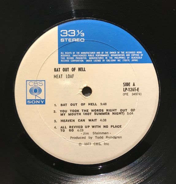 Image of Label Cover of LP - VG/VG - MEAT LOAF, Bat Out Of Hell (CBS/Sony; LP-1265-E, Philippines 1977, No Inner), ,  - 1726011E