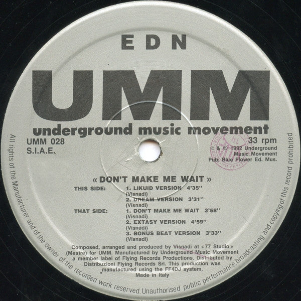 Image of Front Cover of 12" - VG/VG - EDN, Don't Make Me Wait (UMM ; UMM 028, Italy 1992), light marks only. pen on label - minor. original shrink wrap sleeve w/ promo/hype sticker ,  - 1746049S