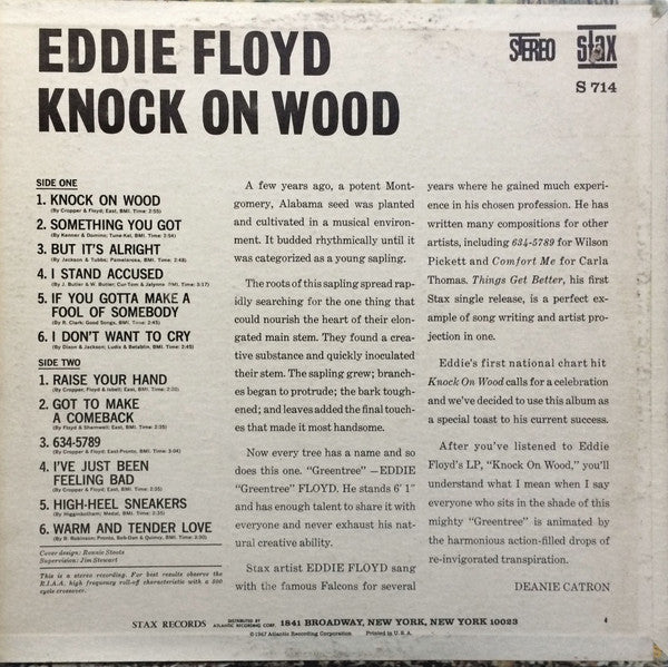 Image of Back Cover of LP - VG+/VG+ - EDDIE FLOYD, Knock On Wood (Stax; S 714, US 1967, Pitman pressing), Some streaky storage marks and a few very light hairlines. Very slightly bumped corners. Still in opened shrinkwrap.,  - 1726068E