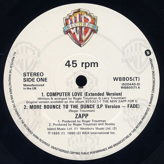 Image of Front Cover of 12" - /G+ - ZAPP, Computer Love (Warner Bros Records; W8805(T), UK 1985, Plain Sleeve), Light Marks only.,  - 1716295C