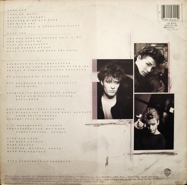 Image of Back Cover of LP - VG+/VG+ - A-HA, Hunting High And Low (Warner Bros. Records; 925 300-1, Europe 1985, Stickered Sleeve, Inner), ,  - 3926015E