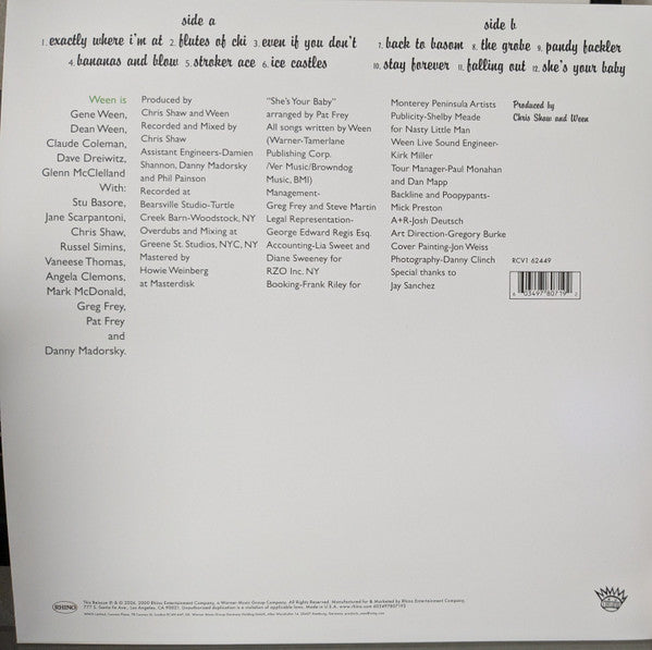 Image of Back Cover of LP - NEW/NEW - WEEN, White Pepper (Rhino Elektra; , Europe 2026 Reissue, Standard Sleeve, 140g Green Vinyl), , White Pepper is hands down Ween at their most accessible. The album's title combines the Beatles White Album and Sgt. Pepper's titles, hinting at what lies within. It's a genius only Ween could conjure up across White Pepper's twelve tracks. Long out of print, this new coloured vinyl reissue of the original album is on green pepper vinyl. Featuring "Bananas and Blow", "Even I