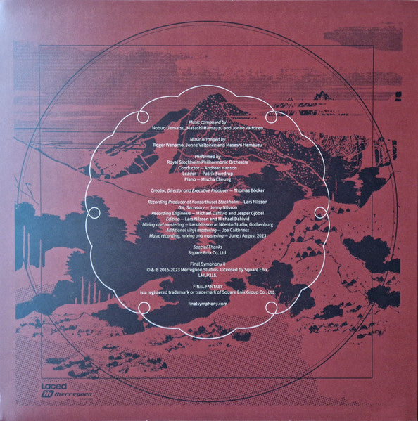 Image of Back Cover of 3xLP - VG+/VG+ - ROYAL STOCKHOLM PHILHARMONIC ORCHESTRA, ANDREAS HANSON, MISCHA CHEUNG, Final Symphony II - Music From Final Fantasy V, VIII, IX And XIII (Laced Records; LMLP215X, UK 2024, Slipcase, 3 LP Sleeves, Deep Red & Off-White Vinyl), ,  - 1746024S