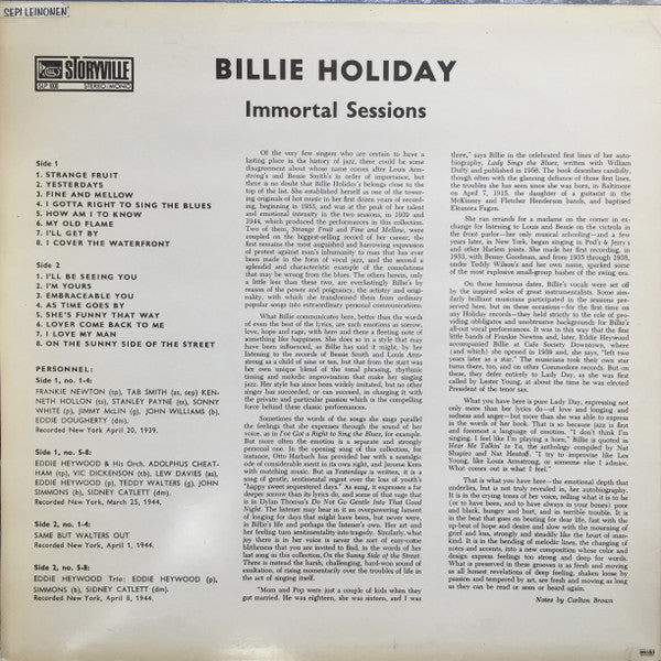 Image of Back Cover of LP - VG/VG - BILLIE HOLIDAY, Immortal Sessions (Storyville; SLP 1000, Sweden ), ,  - 1726088E