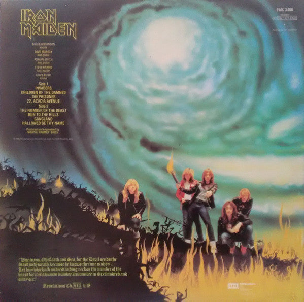 Image of Back Cover of LP - VG/G+ - IRON MAIDEN, The Number Of The Beast (EMI Black Labels; EMC 3400, UK 1986 Reissue, Inner), Light Marks only.,  - 1716276C