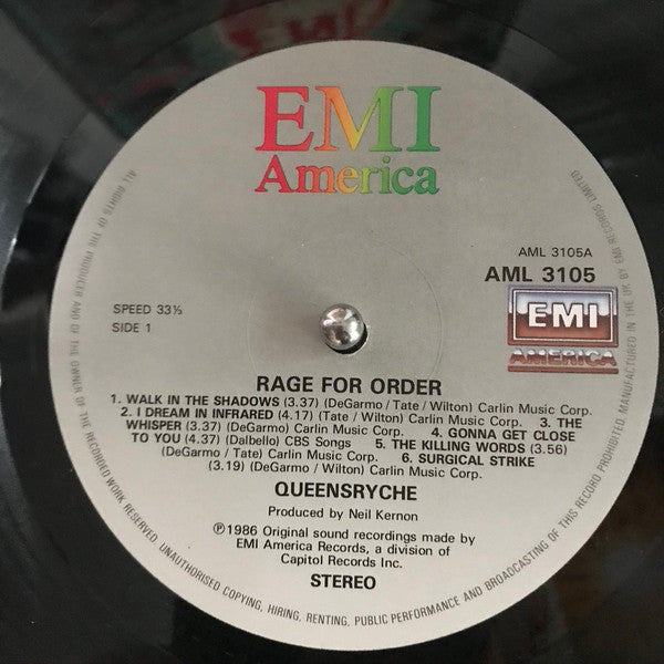 Image of Label Cover of LP - VG+/VG - QUEENSR CHE, Rage For Order (EMI America Grey Labels; AML 3105, UK 1986, Inner With Square Corners), Strong VG, Lightest of wispy marks, Glossy disc, Clean sleeve. ,  - 1716280C