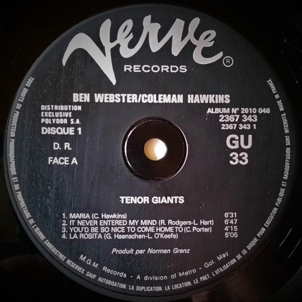 Image of Label Cover of 2xLP - VG+/VG+ - BEN WEBSTER / COLEMAN HAWKINS, Tenor Giants (Verve Records; 2610 046, France 1979 Reissue, Gatefold, 2 Inners), ,  - 1726147E
