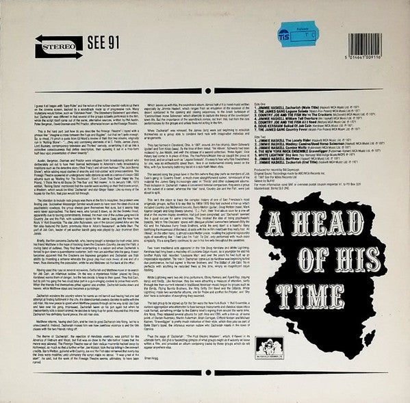 Image of Back Cover of LP - VG/VG - VARIOUS, A Head Of His Time (Music From The First Electric Western "Zachariah") (See For Miles Records Ltd.; SEE 91, UK 1987), Strong VG,  - 1716287C