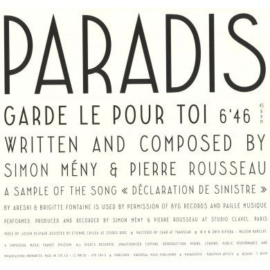 Image of Front Cover of 12" - VG+/VG+ - PARADIS, Garde Le Pour Toi (Riviera; 379 294-5, France 2014), ,  - 1746122S