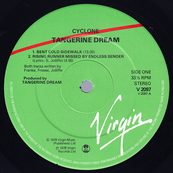 Image of Label Cover of LP - VG+/VG - TANGERINE DREAM, Cyclone (Virgin Green/Red; V 2097, UK Reissue, Gatefold), ,  - 1726155E