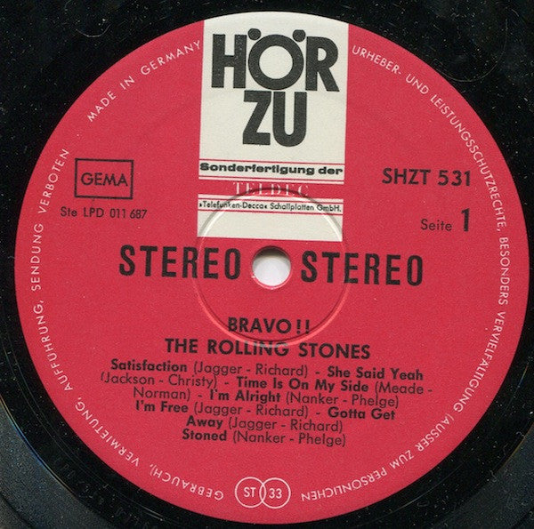 Image of Label Cover of LP - VG/G+ - THE ROLLING STONES, Bravo (H R ZU Red Labels With Urheber Rim Text; SHZT 531, Germany 1966 Reissue, Laminated Sleeve), Hairlines,  - 1716348C