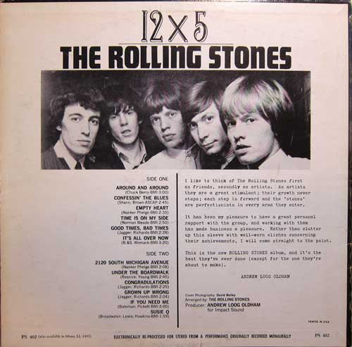 Image of Back Cover of LP - VG/VG - THE ROLLING STONES, 12 X 5 (London Records Boxed Blue Labels With Made In USA Under Cat No. ; PS 402, US 1966 Reissue, Pasteback Sleeve With White Stereo On Front, Stereo, Monarch Pressing), A few light marks, Glossy disc, Sleeve intact, Light wear to edges. ,  - 1716349C