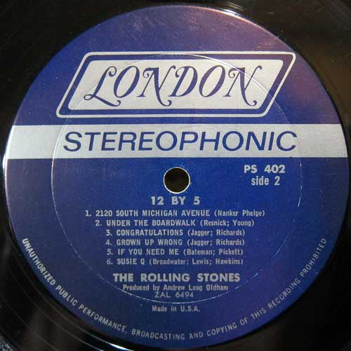 Image of Label Cover of LP - VG/VG - THE ROLLING STONES, 12 X 5 (London Records Boxed Blue Labels With Made In USA Under Cat No. ; PS 402, US 1966 Reissue, Pasteback Sleeve With White Stereo On Front, Stereo, Monarch Pressing), A few light marks, Glossy disc, Sleeve intact, Light wear to edges. ,  - 1716349C