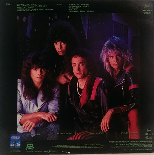 Image of Back Cover of LP - VG/VG+ - QUIET RIOT, Condition Critical (Epic Light Blue / Yellow Logo; EPC 26075, UK 1984, Inner), ,  - 1726157E