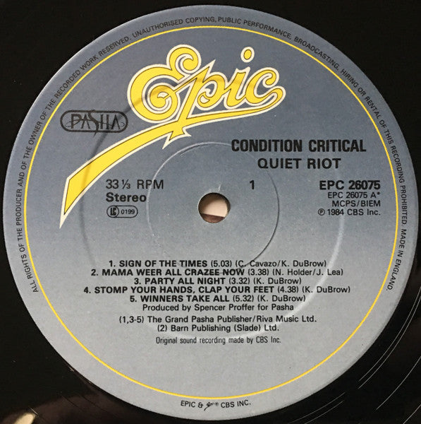 Image of Label Cover of LP - VG/VG+ - QUIET RIOT, Condition Critical (Epic Light Blue / Yellow Logo; EPC 26075, UK 1984, Inner), ,  - 1726157E