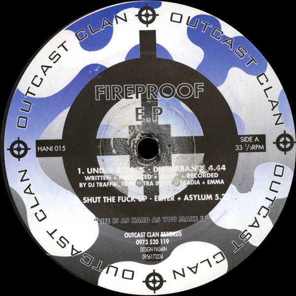 Image of Front Cover of 12" - VG/VG+ - VARIOUS, Fireproof E.P (Outcast Clan ; HANI 015, UK 1996, Die Cut Company Sleeve), company sleeve with press release,  - 1746133S