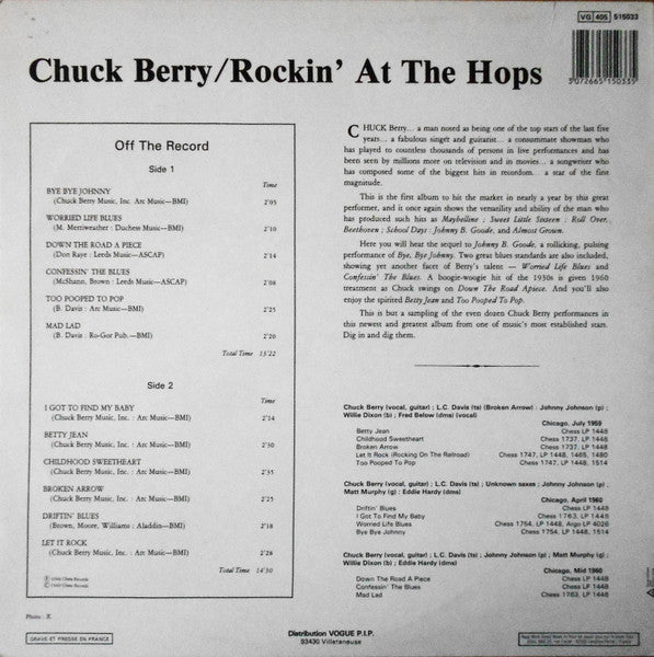 Image of Back Cover of LP - VG/VG+ - CHUCK BERRY, Rockin' At The Hops (Vogue; 515033, France 1980s Reissue, SACEM), ,  - 1716357C