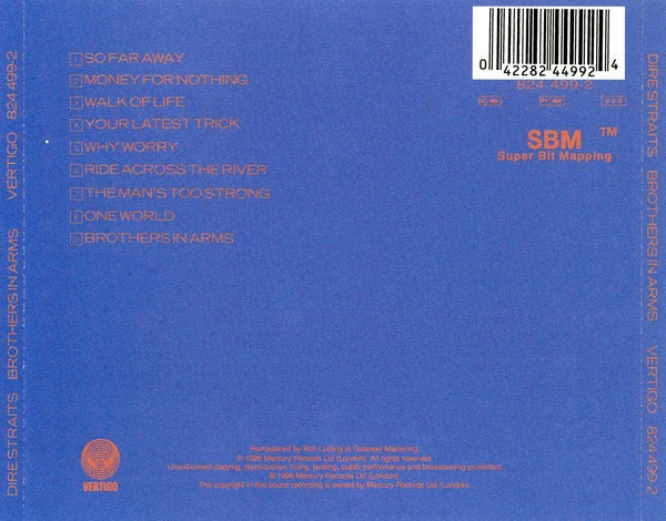Image of Back Cover of CD - NEW/NEW - DIRE STRAITS, Brothers In Arms (Vertigo; 8244992, Europe 1996 Reissue, Remastered), , Fifth studio album by the British rock band. First released in 1985, the album features the singles 'So Far Away', 'Money for Nothing', 'Brothers in Arms', 'Walk of Life' and 'Your Latest Trick'. - 1736144E