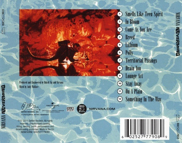 Image of Back Cover of CD - NEW/NEW - NIRVANA, Nevermind (DGC; 2777908, Europe 2011 Reissue, Remastered), , Second studio album by the legendary American grunge band. Originally released in 1991, the album has been been remastered and re-released to mark the 20th Anniversary of its original release. Regarded as one of the most influential albums of all time, it includes the tracks 'Smells Like Teen Spirit', 'Come As You Are', 'Lithium' and 'In Bloom'. - 1716524C