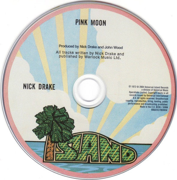 Image of Label Cover of CD - NEW/NEW - NICK DRAKE, Pink Moon (Island Records; 3706995, Europe 2004 Reissue, Digisleeve, Remastered), , 'Pink Moon' is the third and last studio album by English musician Nick Drake, released in 1972, two years before his death in 1974. Recorded without a backing track, it only includes guitar and vocals (except for a brief piano riff on the title track), and therefore differs from his previous two albums. Just like his other albums, 'Pink Moon' had low sales when Nick was ali
