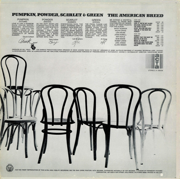 Image of Back Cover of LP - VG/VG - THE AMERICAN BREED, Pumpkin, Powder, Scarlet & Green (Acta Records; A-38006, US 1968, Pasteback Sleeve, Indianapolis Pressing), Strong VG,  - 1716363C
