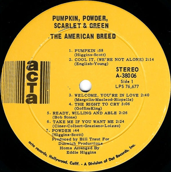Image of Label Cover of LP - VG/VG - THE AMERICAN BREED, Pumpkin, Powder, Scarlet & Green (Acta Records; A-38006, US 1968, Pasteback Sleeve, Indianapolis Pressing), Strong VG,  - 1716363C