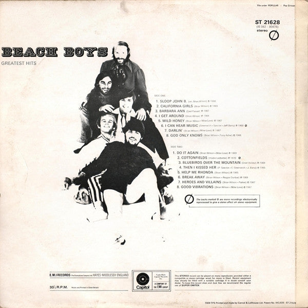 Image of Back Cover of LP - VG+/VG - THE BEACH BOYS, Greatest Hits (Capitol Green; ST 21628, UK 1970, Laminated Front Sleeve, Made in England on Label Rim), ,  - 1726193E