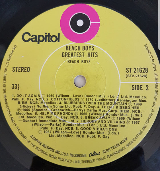 Image of Label Cover of LP - VG+/VG - THE BEACH BOYS, Greatest Hits (Capitol Green; ST 21628, UK 1970, Laminated Front Sleeve, Made in England on Label Rim), ,  - 1726193E