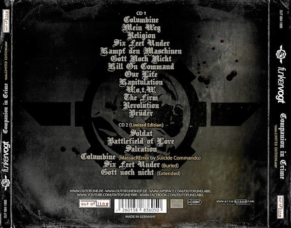 Image of Back Cover of 2xCD - VG/VG+ - FUNKER VOGT, Companion In Crime (Out Of Line; OUT 604 | 605, Germany 2013, Double Digipak, Booklet), Slight Shelf Wear,  - 1736104E