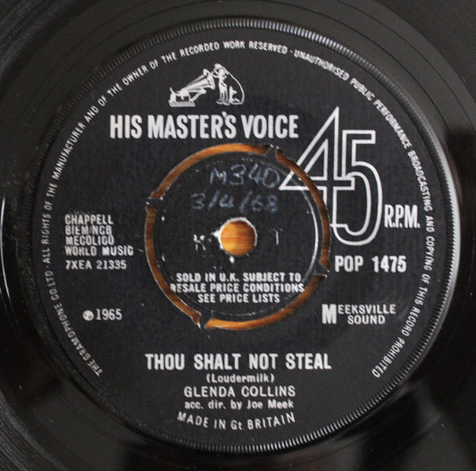 Image of Front Cover of 7" - /VG - GLENDA COLLINS, Thou Shalt Not Steal / Been Invited To A Party (His Master's Voice; POP 1475, UK 1965, Generic Sleeve), Sticker on label. Surface marks.,  - 1756079S
