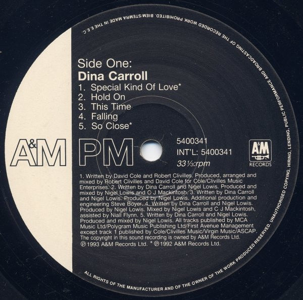 Image of Label Cover of LP - VG/G+ - DINA CARROLL, So Close (A&M PM; 540 034-1, Europe 1993, Inner), Disc has lots of light marks. Edge wear to sleeve.,  - 1716417C