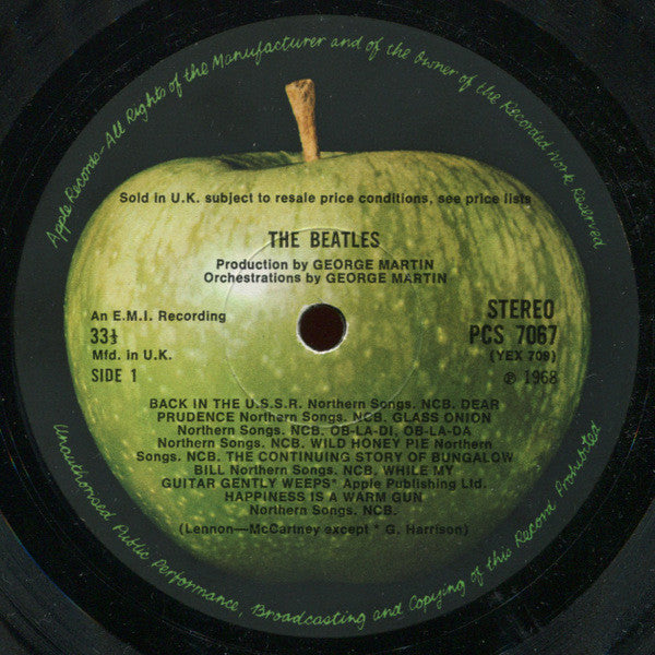Image of Label Cover of 2xLP - G+/G - THE BEATLES, The Beatles (Apple Records; PCS-7067/8, UK 1968, Top-Loading Laminated Gatefood , 2 Black Inners, No Poster, No Cards, "An EMI Recording" only on Discs 1 and 2), No. 0369455. Spine torn at top, otherwise only light wear to sleeve, lovely shape. Lots of hairlines and some deep marks on discs. Inners torn.,  - 1746162S