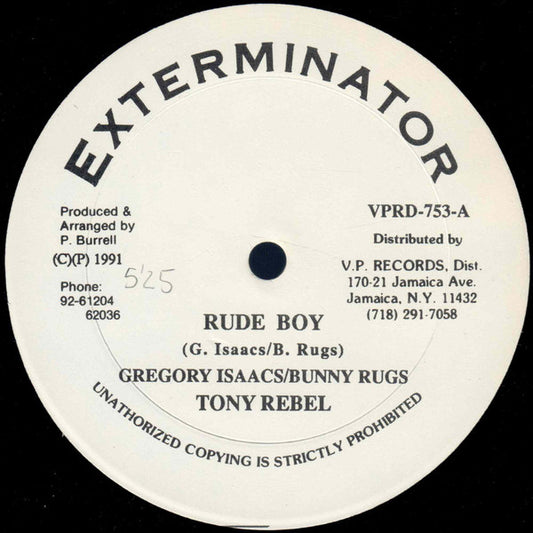 Image of Front Cover of 12" - /VG+ - GREGORY ISAACS / BUNNY RUGS / TONY REBEL, Rude Boy (Exterminator; VPRD-753, US 1991), Shiny clean.,  - 1746172S