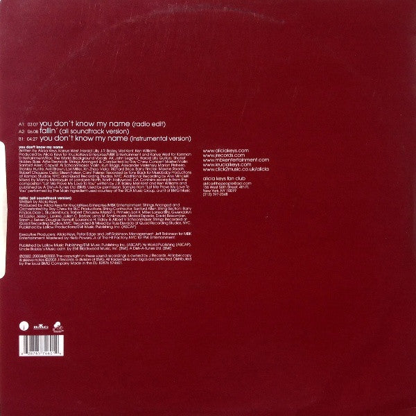 Image of Back Cover of 2x12" - VG/VG - ALICIA KEYS, You Don't Know My Name (J Records; 82876 57460 1, Europe 2003, Picture Sleeve), Sticker ghost on front sleeve,  - 1716501C