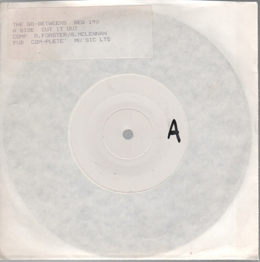 Image of Front Cover of 7" - /VG+ - THE GO-BETWEENS, Cut It Out / Time In The Desert (Beggars Banquet ; BEG 190, UK 1987, White Label Test Pressing, Non Stickered Sleeve, Go-Betweens Hand Written On Label), Strong VG+,  - 1726345E