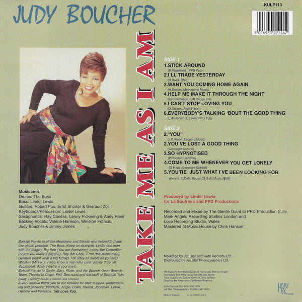 Image of Back Cover of LP - VG/VG+ - JUDY BOUCHER, Take Me As I Am (Kufe Records; KULP113, UK 1996), Very slight warp. Sleeve has some wear at edges / corners,  - 1716506C