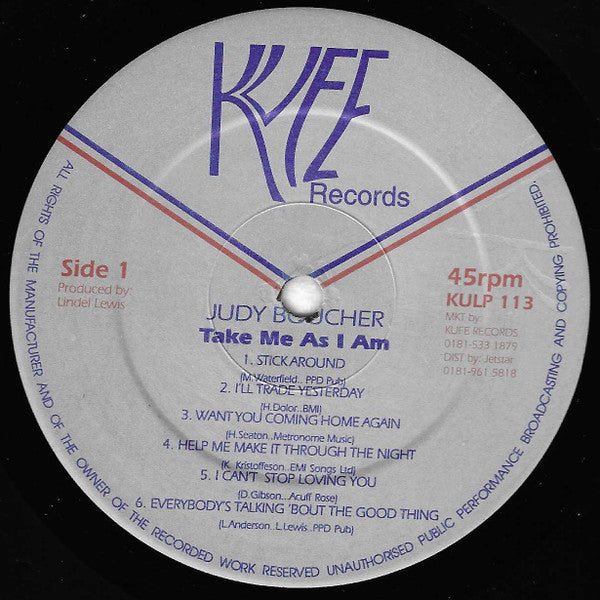 Image of Label Cover of LP - VG/VG+ - JUDY BOUCHER, Take Me As I Am (Kufe Records; KULP113, UK 1996), Very slight warp. Sleeve has some wear at edges / corners,  - 1716506C
