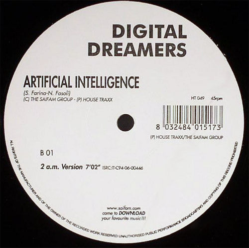Image of Back Cover of 12" - /G+ - DIGITAL DREAMERS, Artificial Intelligence (House Traxx; HT 049, Italy 2006, Plain Sleeve), Strong G+, light marks only. Plays VG.,  - 1726134E