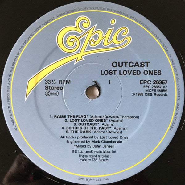 Image of Label Cover of LP - VG/VG - LOST LOVED ONES, Outcast (Epic; EPC 26357, Europe 1985, CB 281 Price Code), ,  - 1716452C
