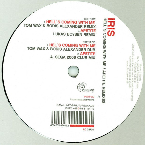 Image of Front Cover of 12" - VG/G+ - IRIS, Hell's Coming With Me / Appetite (Remixes) (Phuture Wax; PWR 019, Germany 2006, Company Sleeve), ,  - 1726138E