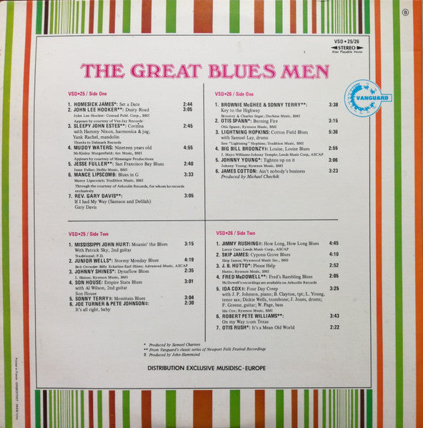 Image of Back Cover of 2xLP - VG/VG+ - VARIOUS, The Great Blues Men (Vanguard; VSD 25/26, France 1972, Gatefold), Sleeve slightly bent at corner. Some light stains and scuffs on reverse,  - 1716542C