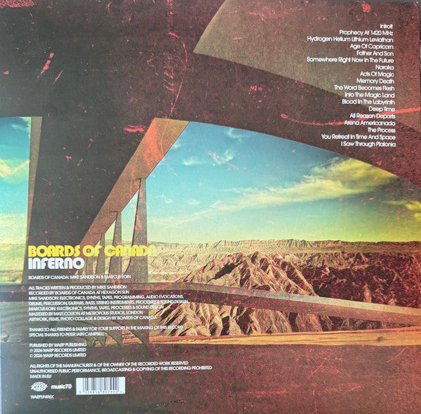 Image of Back Cover of 2xLP - NEW/NEW - BOARDS OF CANADA, Inferno (Warp Records; WARPLP496X, UK 2026, Triple Gatefold, Booklet, Hexagon-Shaped 8" Flexi Disc, Transparent Red Vinyl), , After thirteen years of silence from the compound, during which anticipation has grown day by day, Boards of Canada finally return. - 2136120E