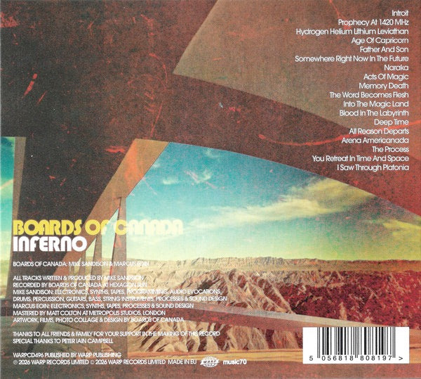 Image of Back Cover of CD - NEW/NEW - BOARDS OF CANADA, Inferno (Warp; WARPCD496, UK 2026, Booklet), , After thirteen years of silence from the compound, during which anticipation has grown day by day, Boards of Canada finally return.  - 2236086E