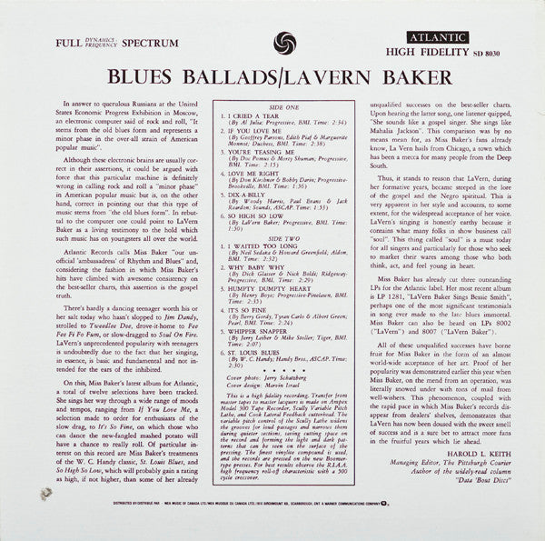 Image of Back Cover of LP - VG+/VG+ - LAVERN BAKER, Blues Ballads (Atlantic; SD 8030, Canada ), ,  - 3146062S