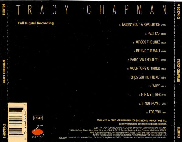Image of Back Cover of CD - NEW/NEW - TRACY CHAPMAN, Tracy Chapman (Elektra; 7559-60774-2, Europe 1988, Jewel Case), ,  - 1736195E