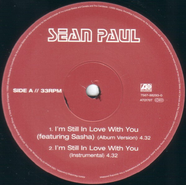 Image of Label Cover of 12" - VG/VG+ - SEAN PAUL FEATURING SASHA, I'm Still In Love With You (Atlantic; AT0170T, UK 2002, Picture Sleeve), Sleeve has light edge / corner wear,  - 2916236C