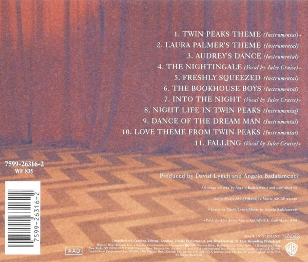 Image of Back Cover of CD - NEW/NEW - ANGELO BADALAMENTI, Music From Twin Peaks (Warner Bros; 7599-26316-2, Europe 1990 Reissue, Jewel Case), ,  - 1736200E