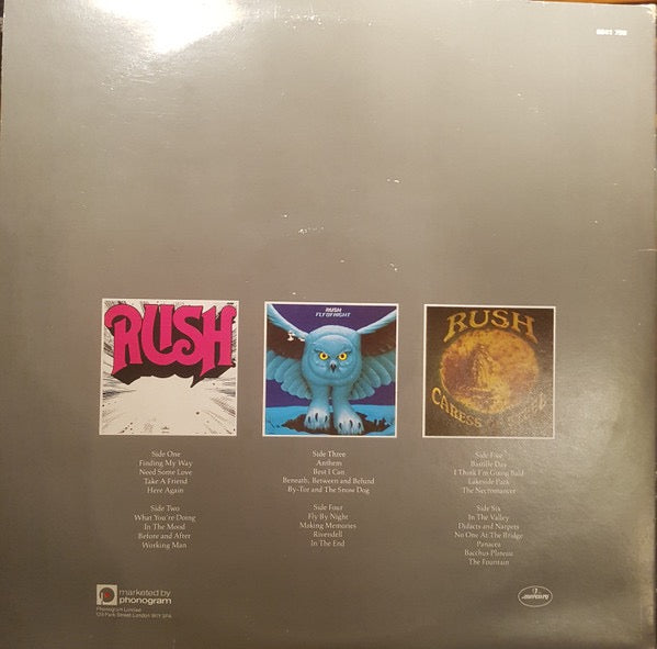 Image of Back Cover of 3xLP - VG/G+ - RUSH, Archives (Mercury; 6641 799, UK 1978, Gatefold, No 'JACKO' in Runnouts), Side 2 has a long light mark, rest of sides are strong VG, Edge and ring wear to sleeve. ,  - 2316475C