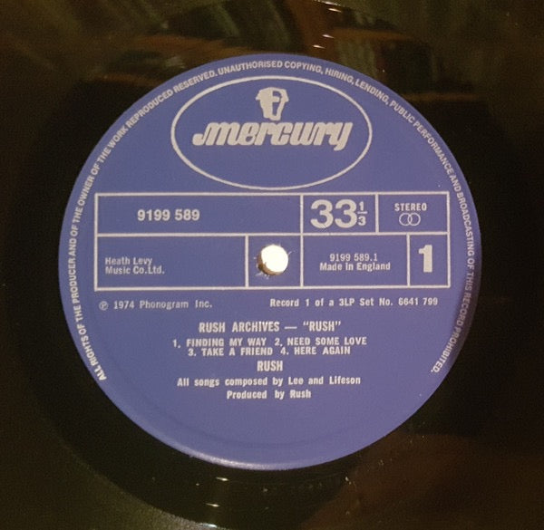 Image of Label Cover of 3xLP - VG/G+ - RUSH, Archives (Mercury; 6641 799, UK 1978, Gatefold, No 'JACKO' in Runnouts), Side 2 has a long light mark, rest of sides are strong VG, Edge and ring wear to sleeve. ,  - 2316475C