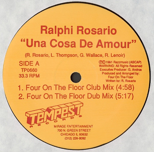 Image of Front Cover of 12" - /VG+ - RALPHI ROSARIO, Una Cosa De Amour (Tempest Records; TP0660, US 1991, Plain Sleeve), A few very light marks, plays beautifully.,  - 1746282S